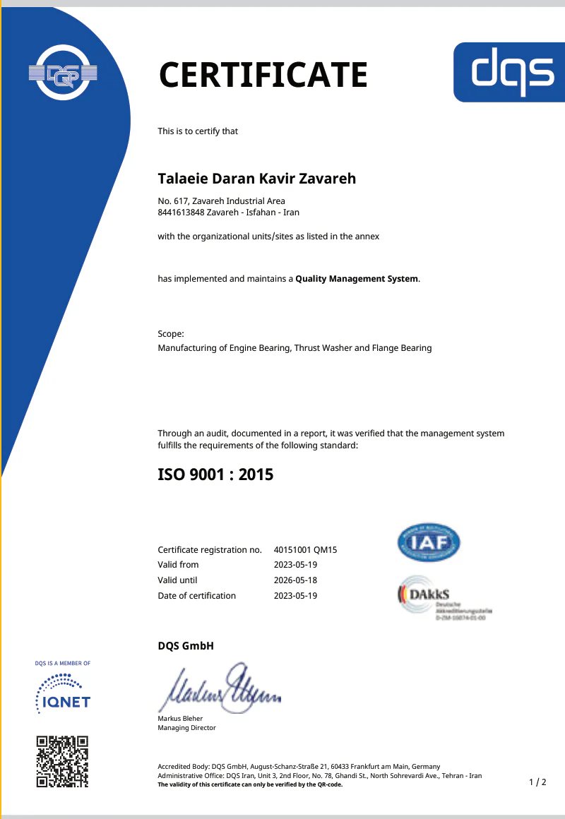 ISO 9001:2015 certificate of Talaeie Daran Kavir Zavareh